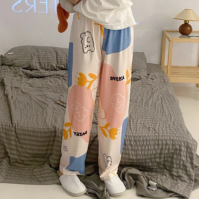 Women Sleep Pants Cute Cartoon 2024 Summer Thin Casual Home Air Conditioning Pants Ladies Loose Wide Leg Straight Trousers