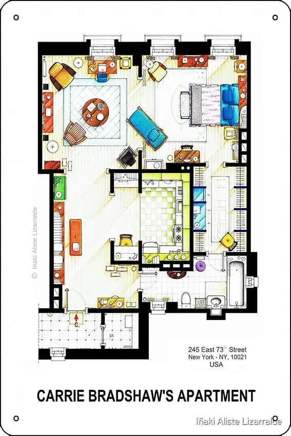 Carrie Bradshaw's Apartment Floorplan v.2 Print Funny Metal Tin Sign for Home Kitchen Bar Room Garage Decor 8