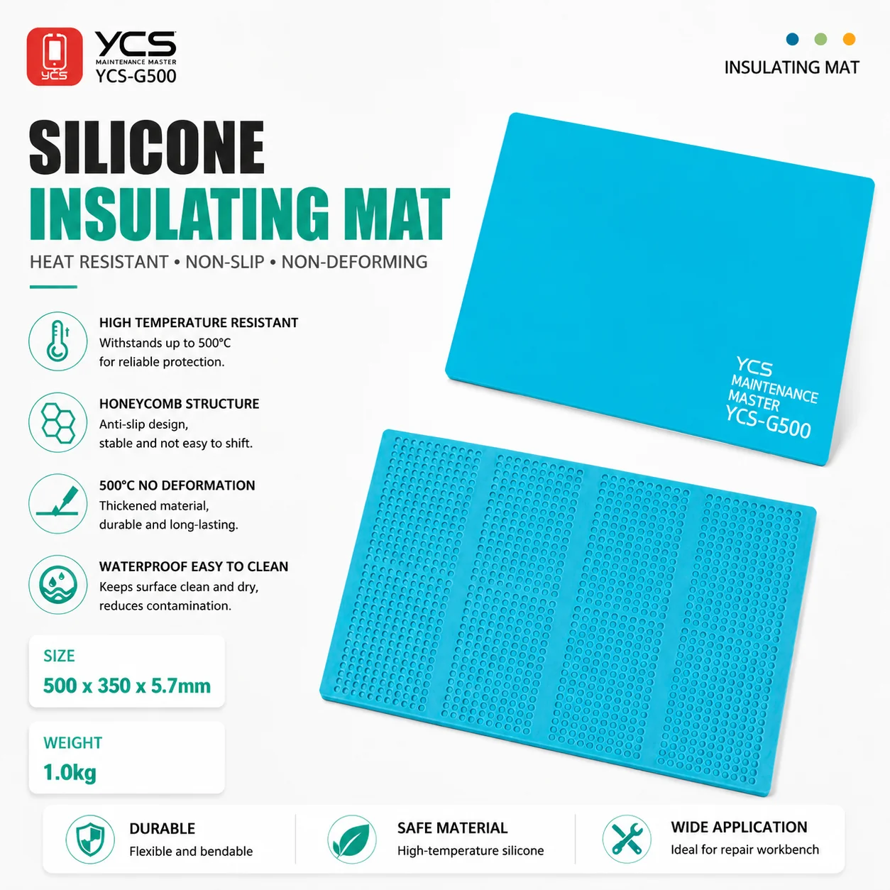 YCS G500 Heat Resistant Silicone Mat Circuit Board Soldering Pad 500°C Anti Slip Waterproof for Motherboard PCB Chip Repair