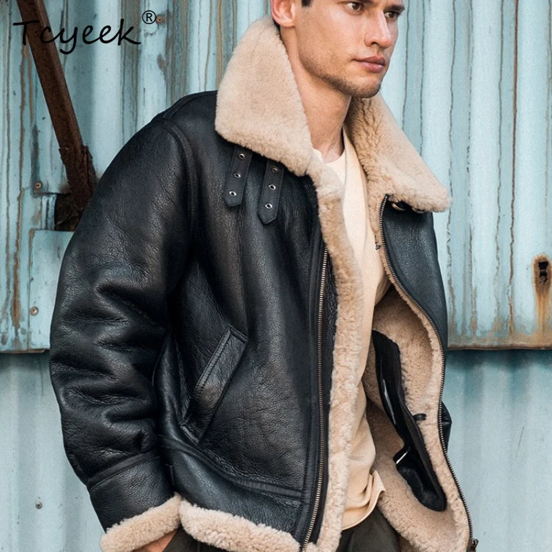 Tcyeek Natural Merino Sheep Fur Coat Men Warm Real Fur Mens Coats Flight Fashion Winter Clothes Hunting Thickened Sobretudo