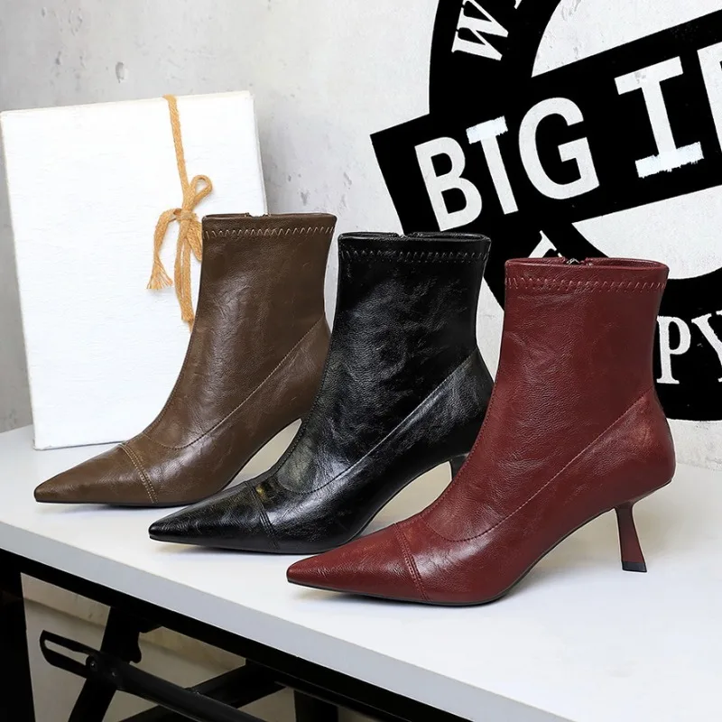 

2026 Autumn Elegant Women's Ankle Boots Luxury Handmade Quality Comfortable Fashion Sexy Black High Heels Shoes Woman Size 39