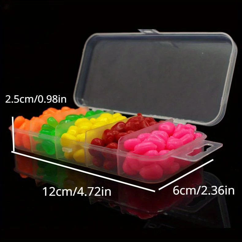 100 Stück schwimmende weiche Maiskern-Angelköder – 0,39 Zoll, 0,3 g, aufklappbare Köder mit 6 lebendigen Farben (Gelb, Grün, Rot, Rosa) – Detail 3
