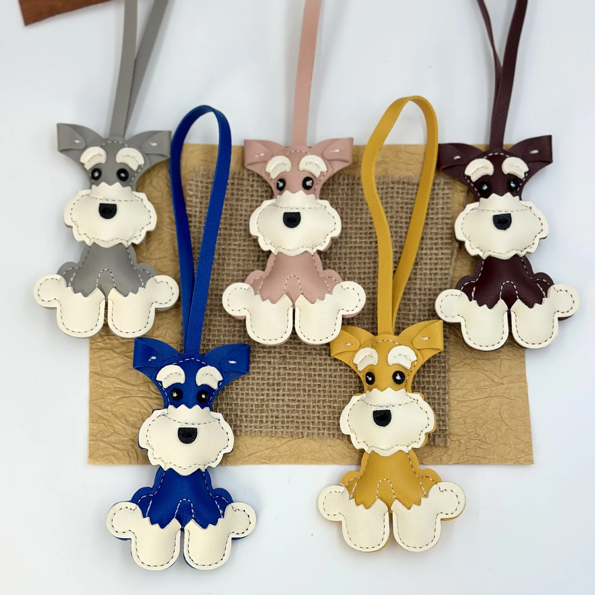 PU Leather Schnauzer Dog Pendant Cartoon Bag Pendant Keychain Creative Pet Accessories Fashion Car Keychain Pendant