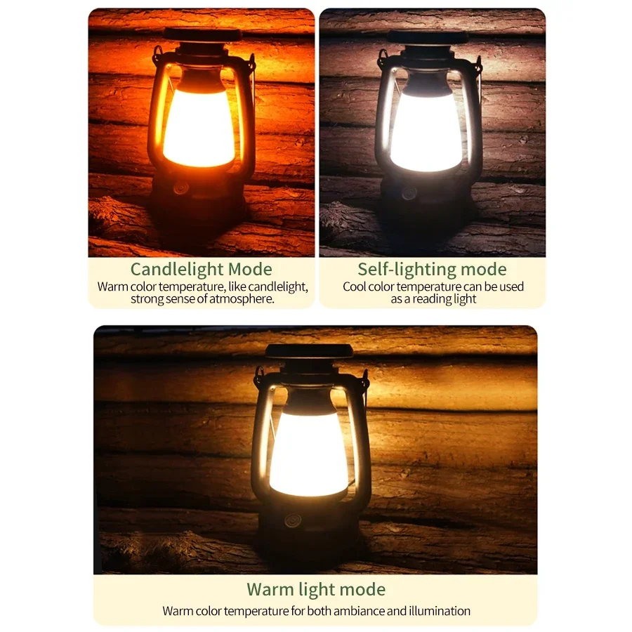 USB Rechargeable/Solar Charging Camping Light Portable Camping Lanterns 3 Lighting Modes Dimming Outdoor Hanging Tent Light