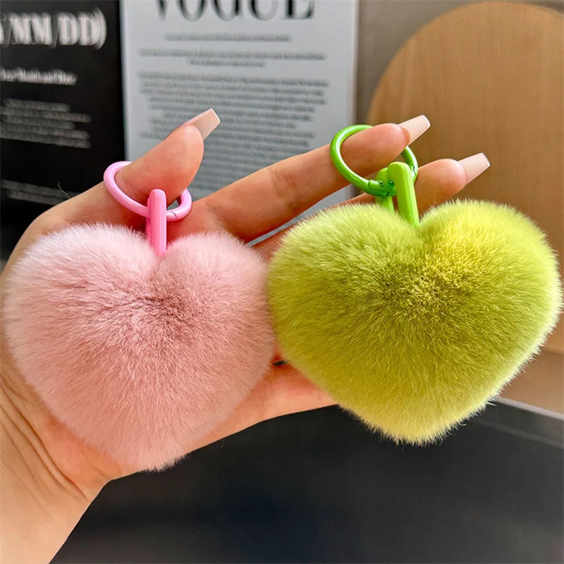 Cute Y2k Fluffy Pompom Keychain Gifts For Women Soft Heart Shape Pompon Real Rabbit Key Chain Ball Car Bag Accessories Key Ring