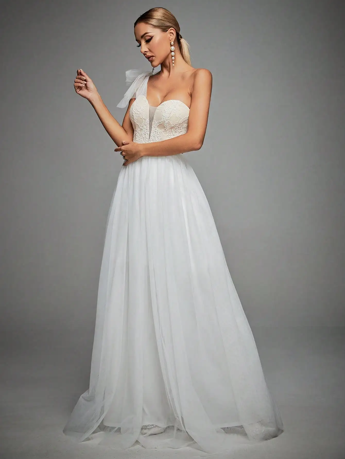 Mgiacy One-Shoulder-Bogen Spitze Gaze Brautkleid langes Abendkleid Ballkleid Party kleid Brautjungfer kleid