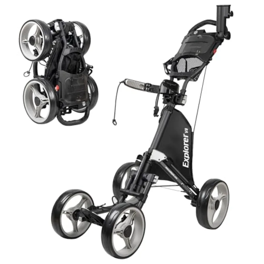 

Explorer V8 Golf Push Cart - SuperLite 4 Wheel Aluminum Foldable Cart with Adjustable Front Wheel Width, Foot Brake, Cooler Bas
