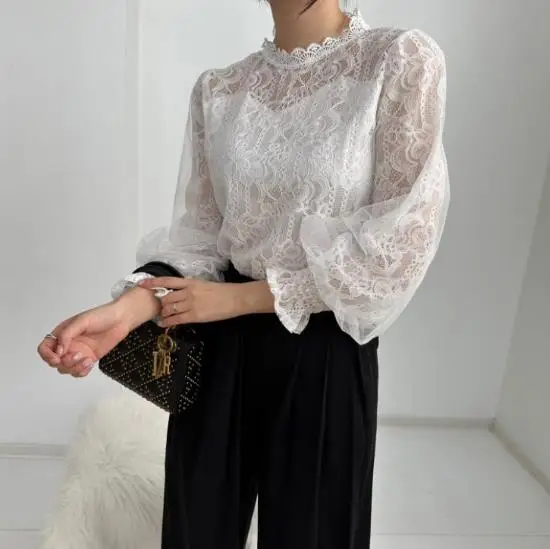 

Новая элегантная кружевная рубашка с полыми рукавами-фонариками в стиле Pure Desire, женская облегающая полупрозрачная шифоновая рубашка с круглым вырезом