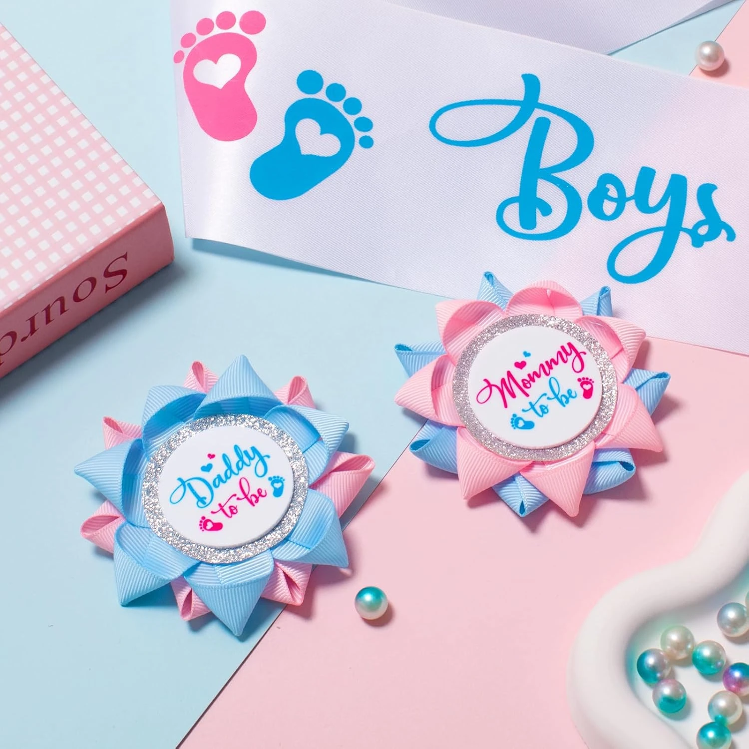 Pin für werdende Mütter, Pin für werdende Väter, Schärpe für Jungen oder Mädchen zur Geschlechtsenthüllung, Schärpe für werdende Mütter, Partyartikel für Babypartys – Detail 3