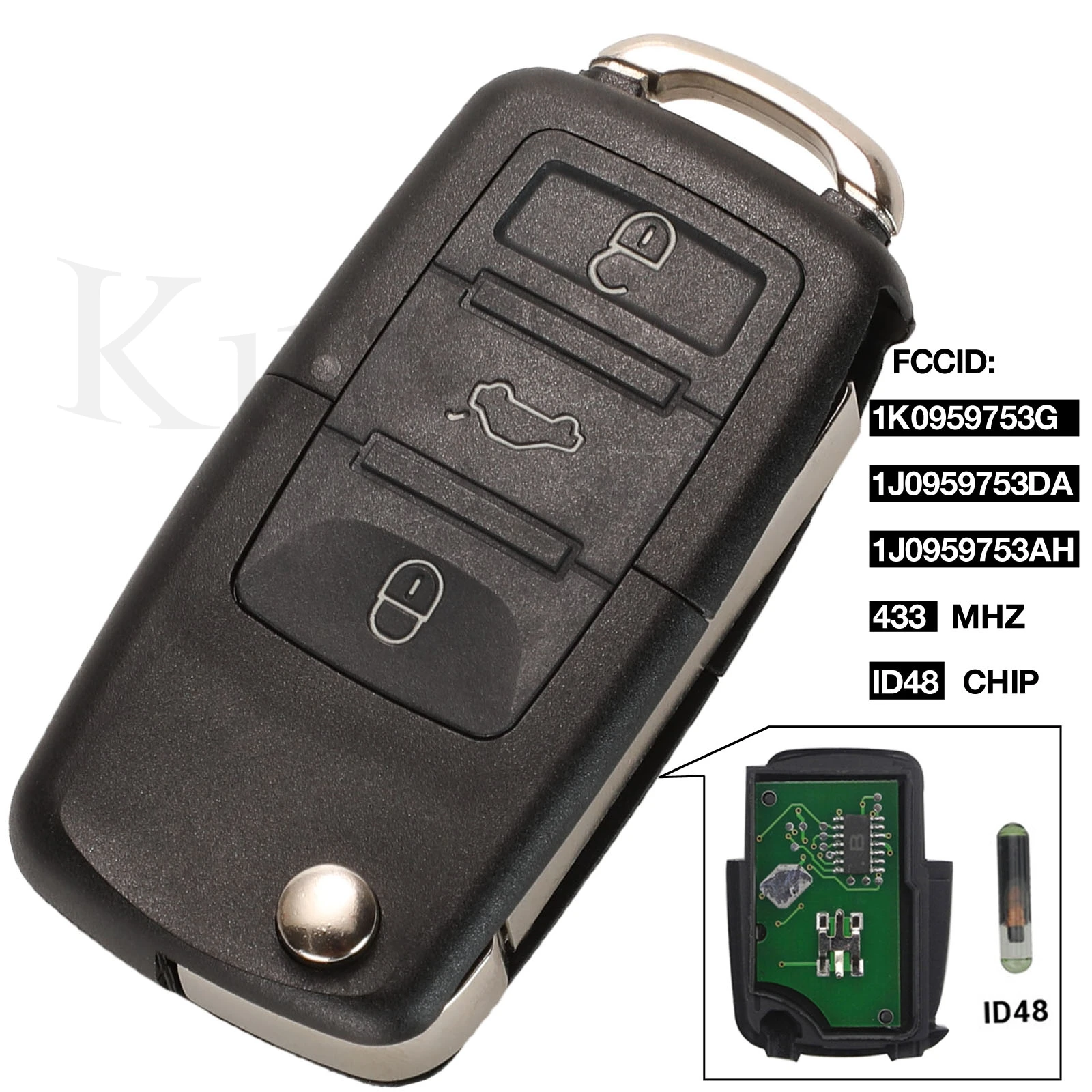 jingyuqin 3-przyciskowy pilot zdalnego sterowania do VW PASSAT Polo Skoda Seat Polo/Golf/Beetle 1J 0959753   DA/AH 1K 0959753 G 434Mhz ID48