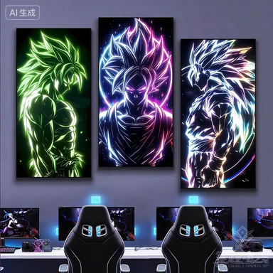 Neon Line Art Dragon Ball Canvas - Super Saiyan Goku  Broli Glowing Effect Poster, Anime Gaming Room Decor