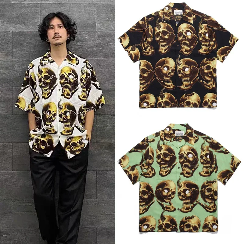 2024 New Arrived WACKO MAR Casual Short Sleeve Shirt Skeleton Ghost Head Pattern Fashion Loose All-match