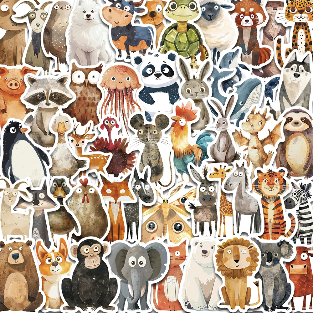 50PCS Cartoon Cute Funny Watercolor Animal Sticker DIY Laptop Phone Luggage Cup Guitar Waterproof Creative Gift Toy Sticker