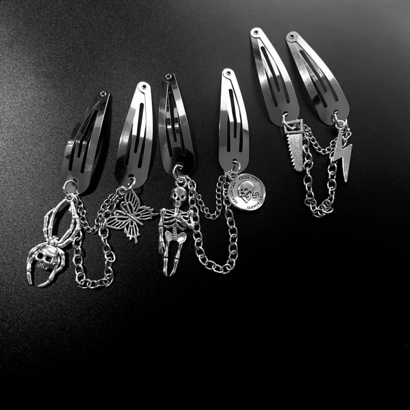 Y2K Gothic Dark Spider Butterfly Pentagram Hair Clip Skull Brain Blade Lightning Handcuffs Chain Headwear Hair Clip BB Clip