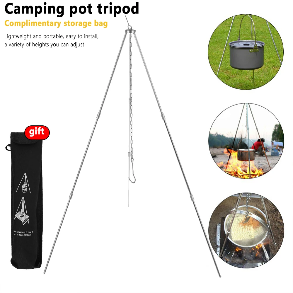 Camping Campfire Tripod for Hanging Pot Outdoor Cookware Picnic Cooking Pot Grill Rack Barbecue Support Aluminum Alloy Tripod