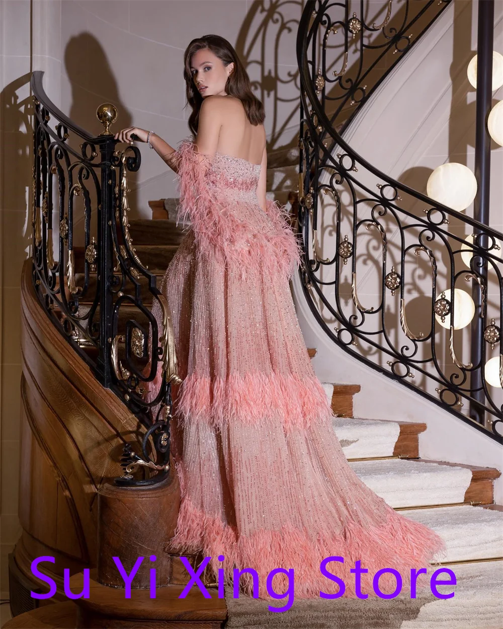 تخصيص رائعة الوردي الشيفون فساتين المشاهير حساسة حمالة شرابة شال المتدرج عارية الذراعين مخصص رداء دي سواريه