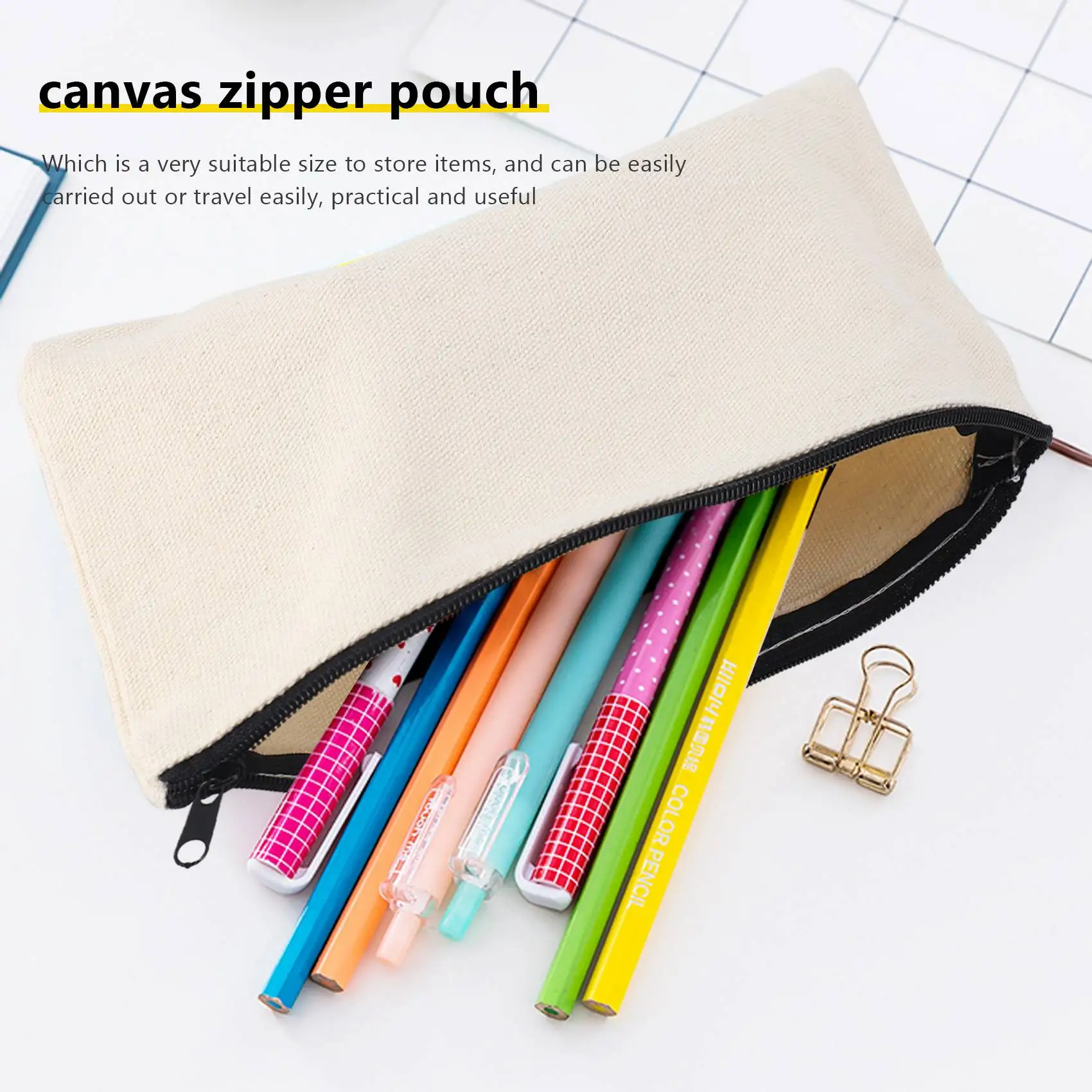 Leading-15 Pack Blank Cotton Canvas DIY Craft Zipper Bags Pouches Pencil Case For Makeup Cosmetic Toiletry Stationary Storage