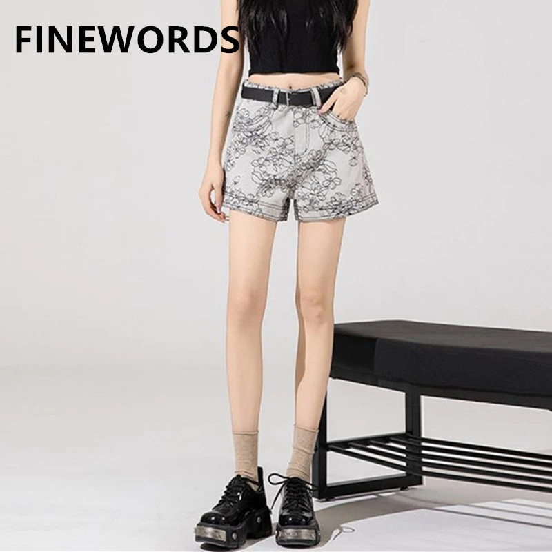 

FINEWORDS винтажные короткие джинсы с цветочным принтом женские джинсовые короткие шорты с высокой талией Easymatch уличная пляжная одежда
