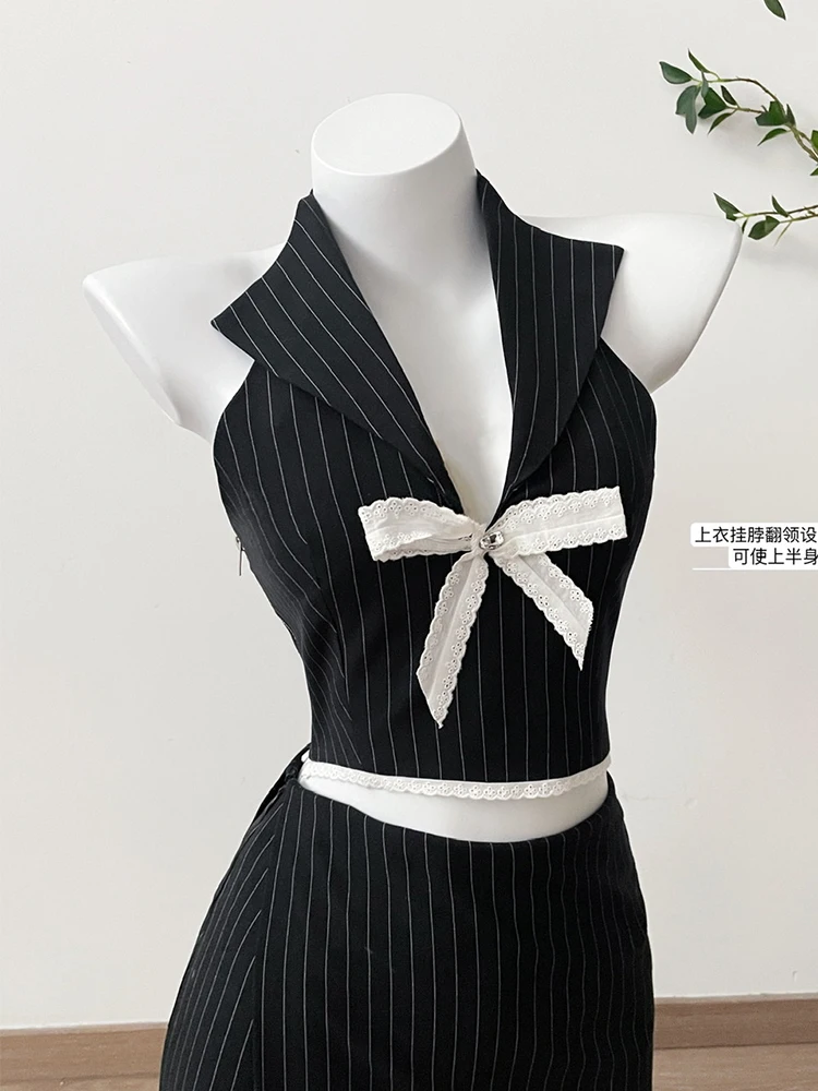 Summer Women Old Money Vacation 2000s Aesthetic Korean Striped Outfits 2 Piece Set Lace Bow Vest Tank Top + Design Mini Skirts