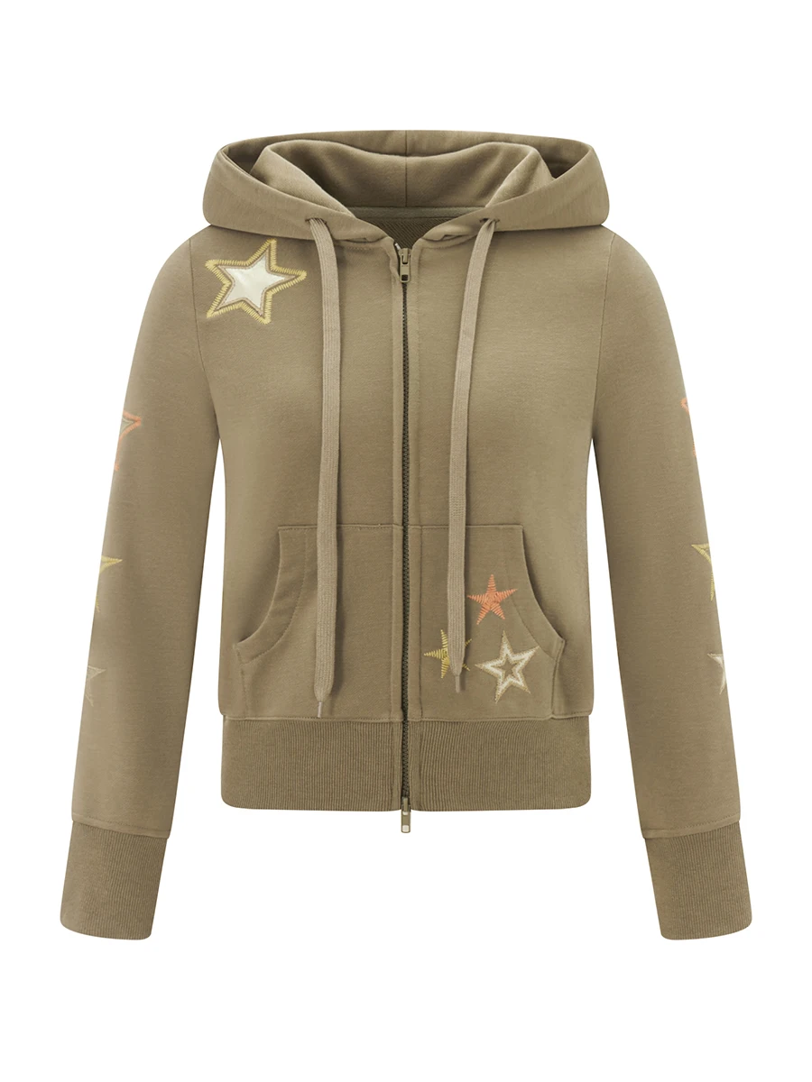 

Fashion Women's Hooded Sweatshirt Crop Jacket Star Embroidery Pattern Long Sleeve Zip Up Fall Slim Coat Streetwear Y2k