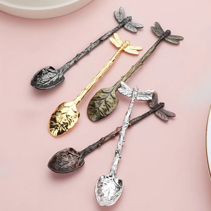 Retro Stainless Steel Dragonfly Coffee Stirring Spoon Creative Leaves Shape Teaspoon Tableware European Kitchen Accessories