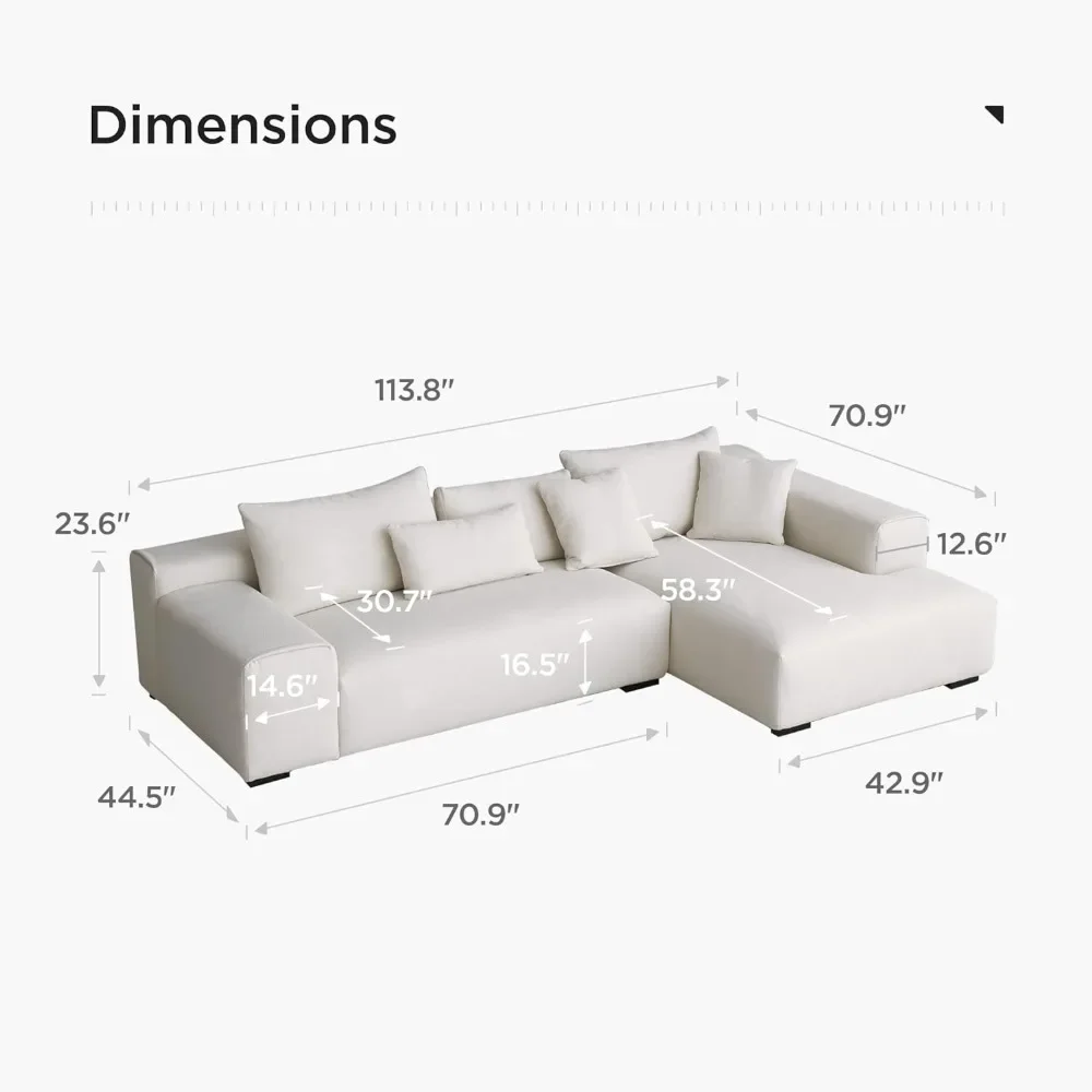 Modern Minimalist Sofa with Extra Deep Seats for Living Room, Bedroom and Lounge, L-Shaped Sectional Couch with Right Chaise