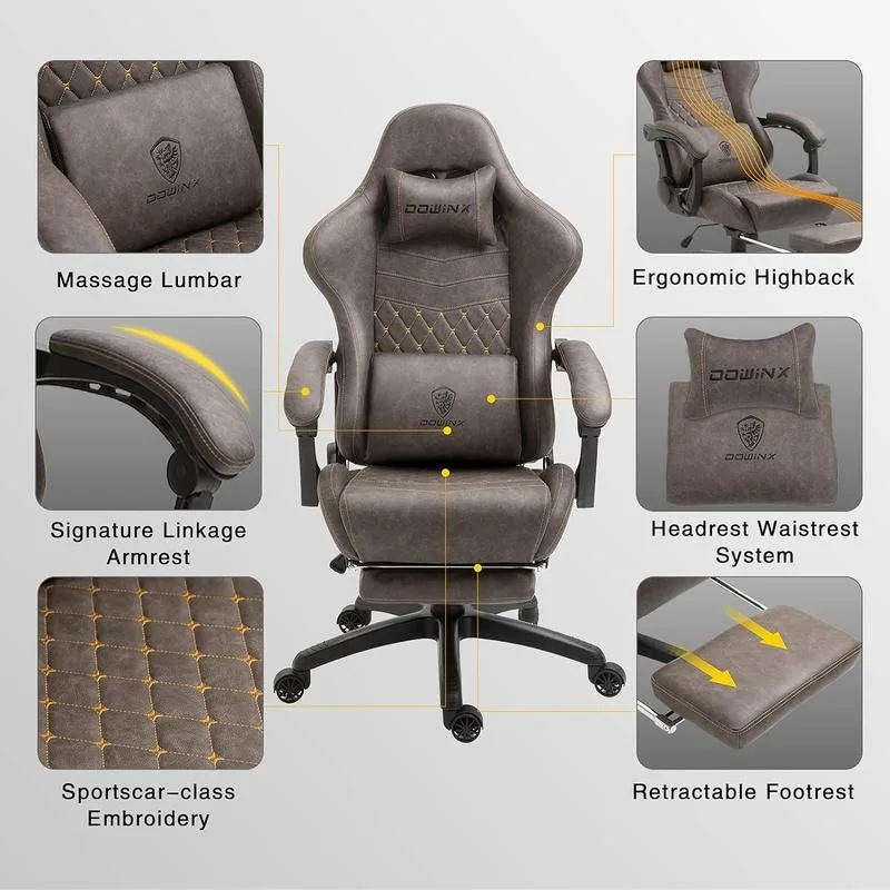 Dowinx Gaming Chair Office Desk Chair with Massage Lumbar Support, Vintage Style Task Chair PU Leather