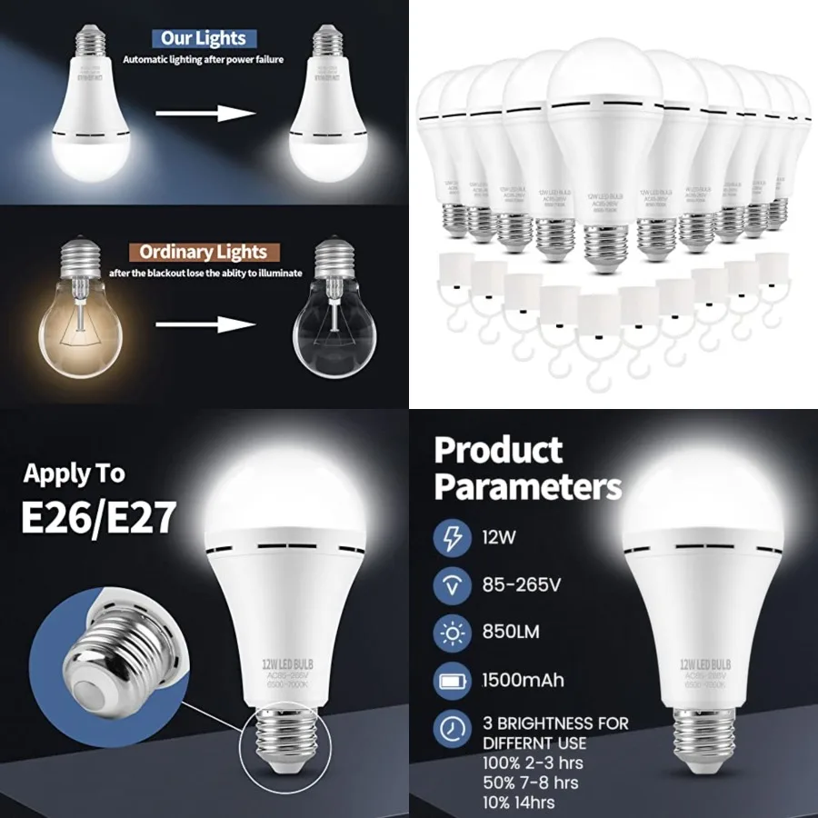 Rechargeable Emergency LED Light Bulbs for Home Power Failure Listed Battery Operated Light Bulb Power Outage Camping Reading L