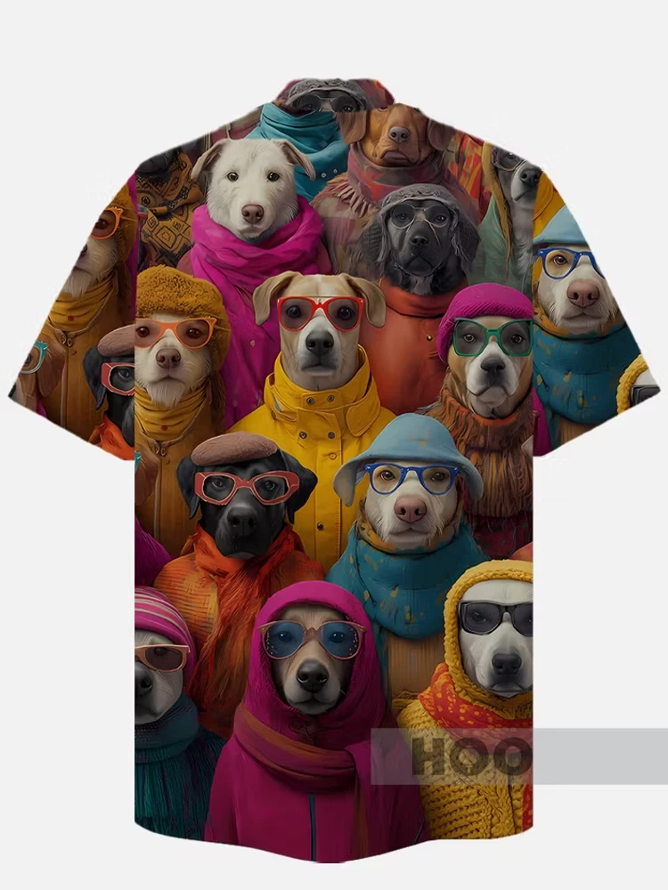 Men Fashion Dog Cartoon Color Print Camp Collar Hawaiian Shirt Oktoberfest Pet Theme Beach Party Casual Mens Clothing