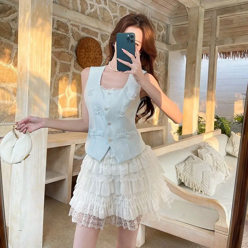 

New High Quality Sweet Women's Two Piece Set Summer Fashion Butterfly Sleeveless Vest Top + Lace Mini Cake Skirt Suit Y2k