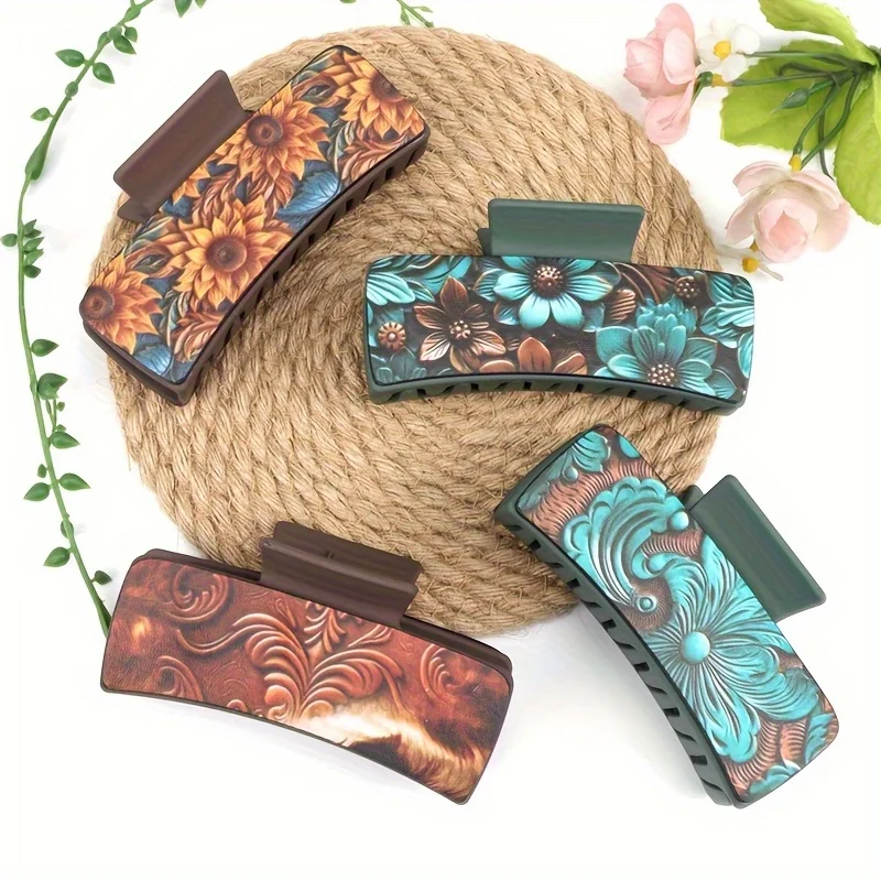 

4 шт., винтажные заколки для волос с тиснением по дереву, пластиковые зажимы в виде акулы для женщин, аксессуары для волос без перьев, модные заколки для волос