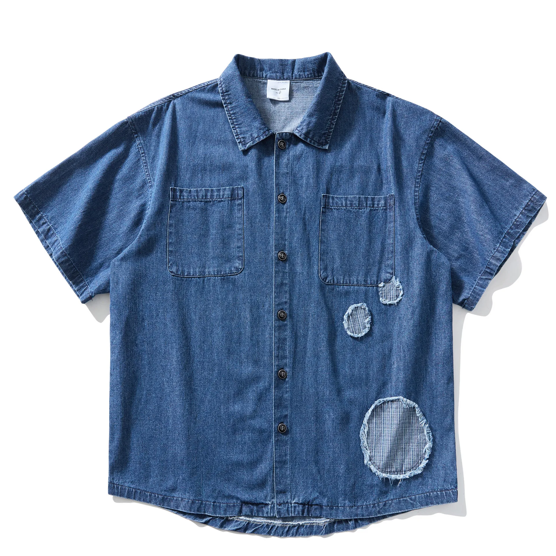 2026 New Japanese Retro Amekaji Washed Patch Denim Short Sleeved Shirt for Men and Women Loose Vintage Workwear Shirt
