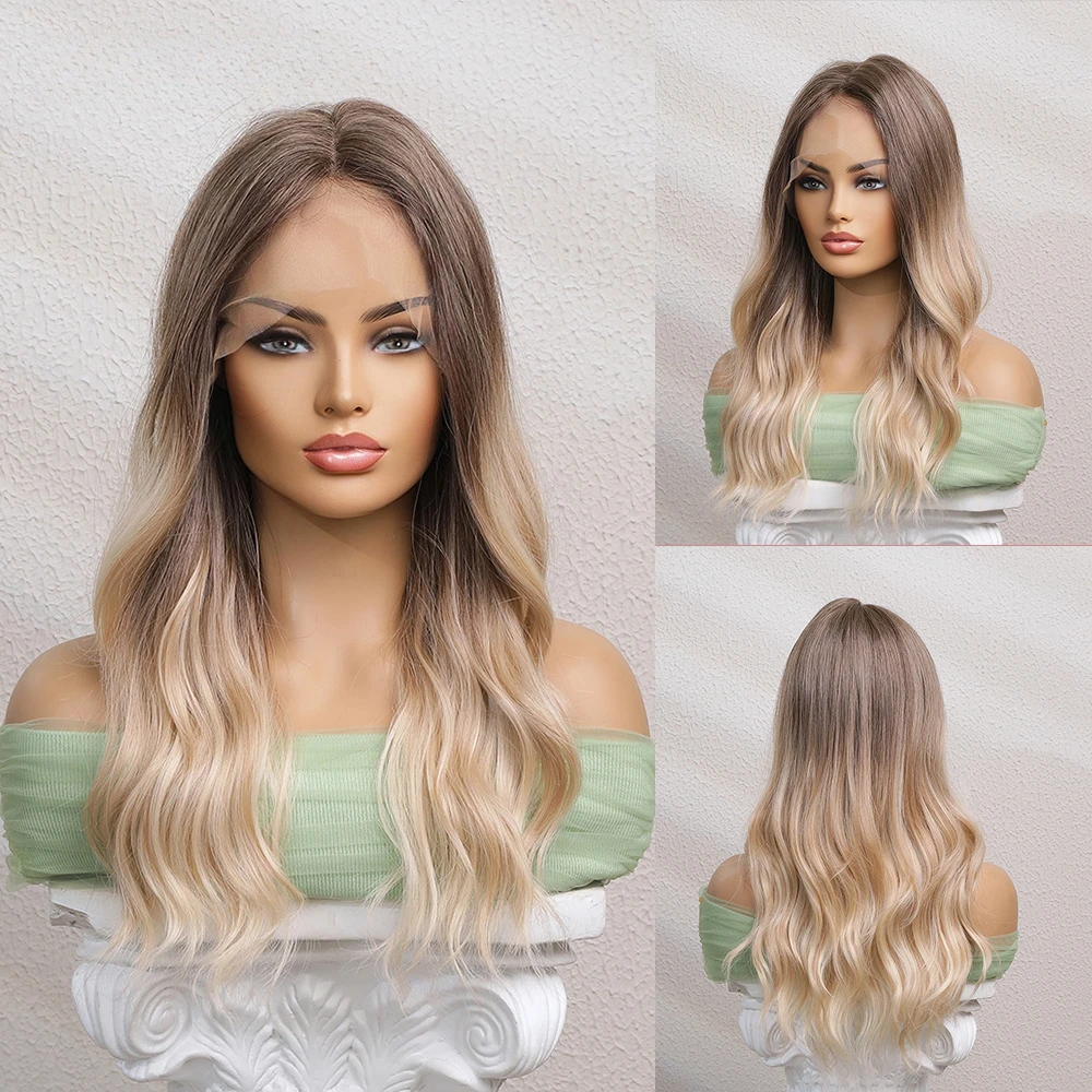 

Lace Front Synthetic Hair Long Water Wavy Ombre Dark Root to Blonde Daily Party for Women Natural Wigs