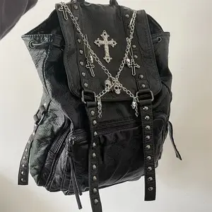 MBTI GOTH Y2K Backpacks Black Punk Punk Riven School Students Students Leather Bag of Plutonio Cruz Skeleton Fashion Women's Backpacks 8 Main Sales Punk Backpack - №1