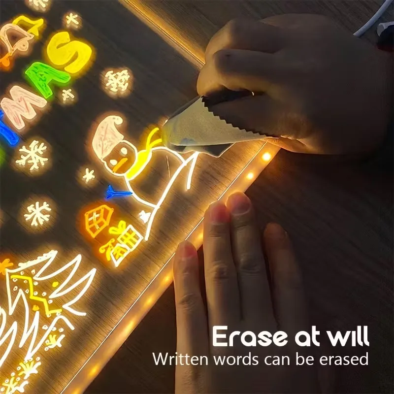 USB Acrylic LED Light with Color Pen Stand Clear Desktop Note Memo White Board Daily Reminder Planner Board with Decor Lamp