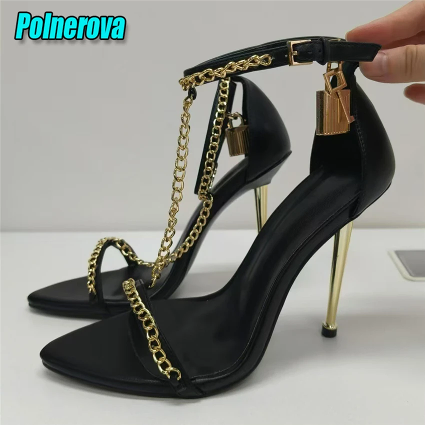 

Golden Chain Pointed Toe High Heels for Women Metal Lock T-Strap Ankle Buckle Stiletto Heel Sandals Summer Party Banquet Shoes