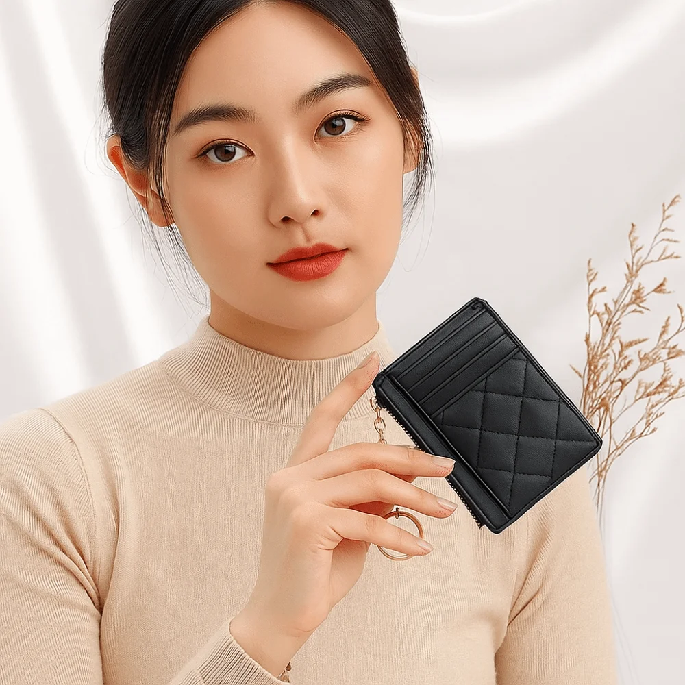 Simple Short Hangging Card Bag Multifunction Colorful Multi-card Wallet with Keychain PU Leather Card Holder Unisex