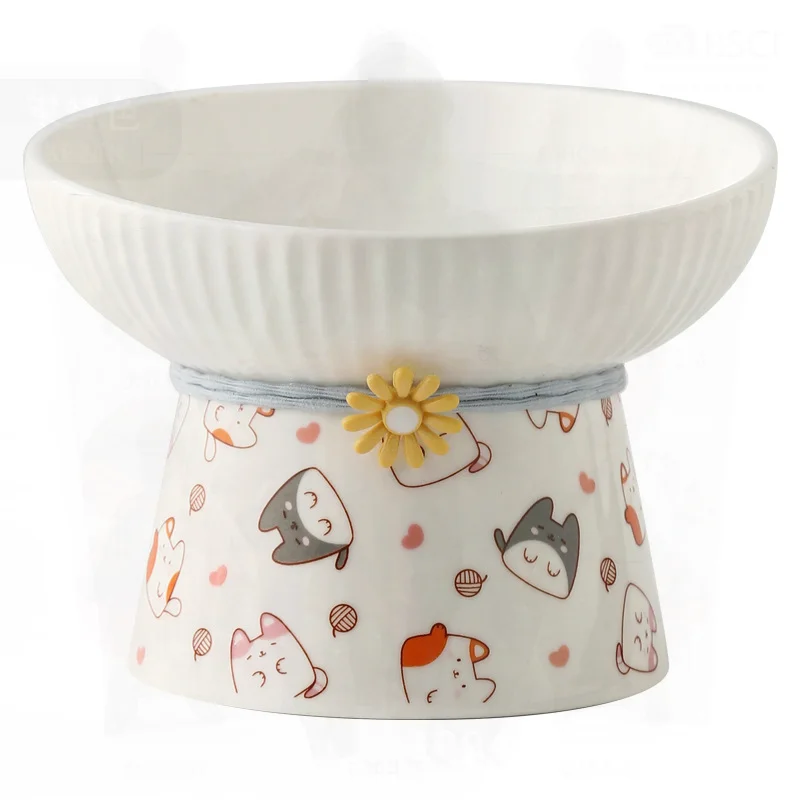 Cuenco de cerámica para gatos, diseño de barbilla antinegro, plato de comida para mascotas, patrones de peces y lunares de dibujos animados, cuenco para perros, opciones de rayas blancas puras