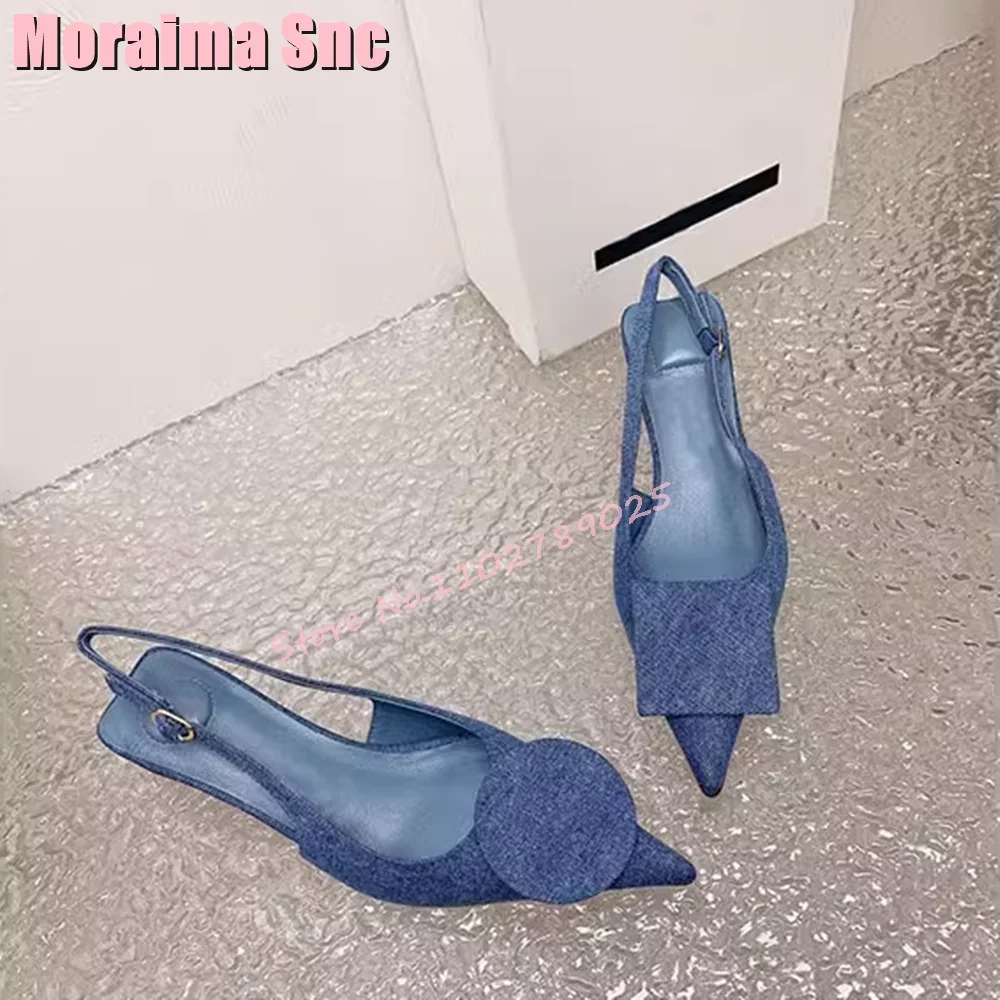 

Retro Denim Asymmetrical Special Buckle Sandals Shallow Pointed Toe Slingback Suqare Mid Heeled Women's Shoes Summer 2024 New