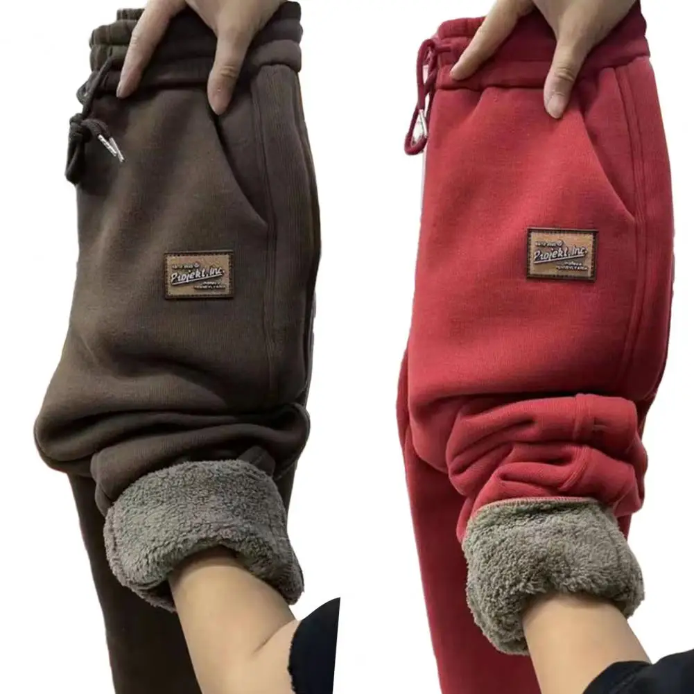 Women Autumn Winter Warm Sweatpants High Waist Drawstring Pockets Solid Color Casual Trousers Fleece Lining Thick Harem Pants