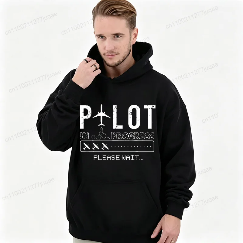 Pilot in Progress Funny Future Pilot Aviation Men's Hoodies Minimalist Airplane Graphic Hoody Pilot Gift Casual Tracksuits Tops