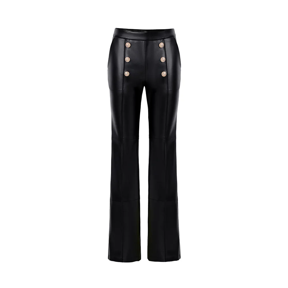 

2024 Women PU Leather Pants Wholesale High Waist Slightly Stretched Wide Leg Pants Vegan Leather Trousers