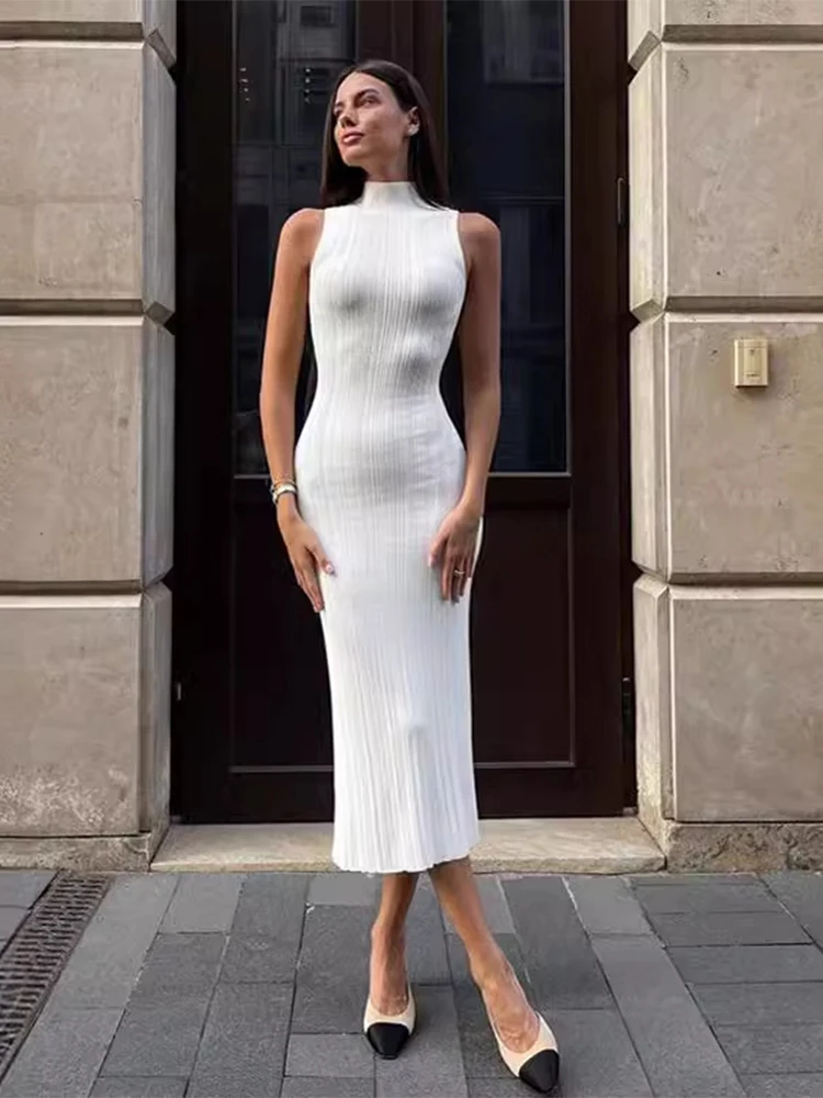 

Women's Sleeveless Tight White Dress Sexy Slim Turtleneck Dress 2024 Summer Fashion Knitted Long Dresses