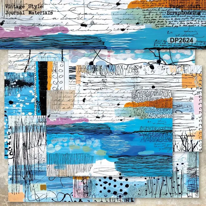 Abstract Blue Splash Ink Doodle Vintage Handwriting Collage Paper Scrapbook Journal Sheet DIY Craft Decorative Background Paper
