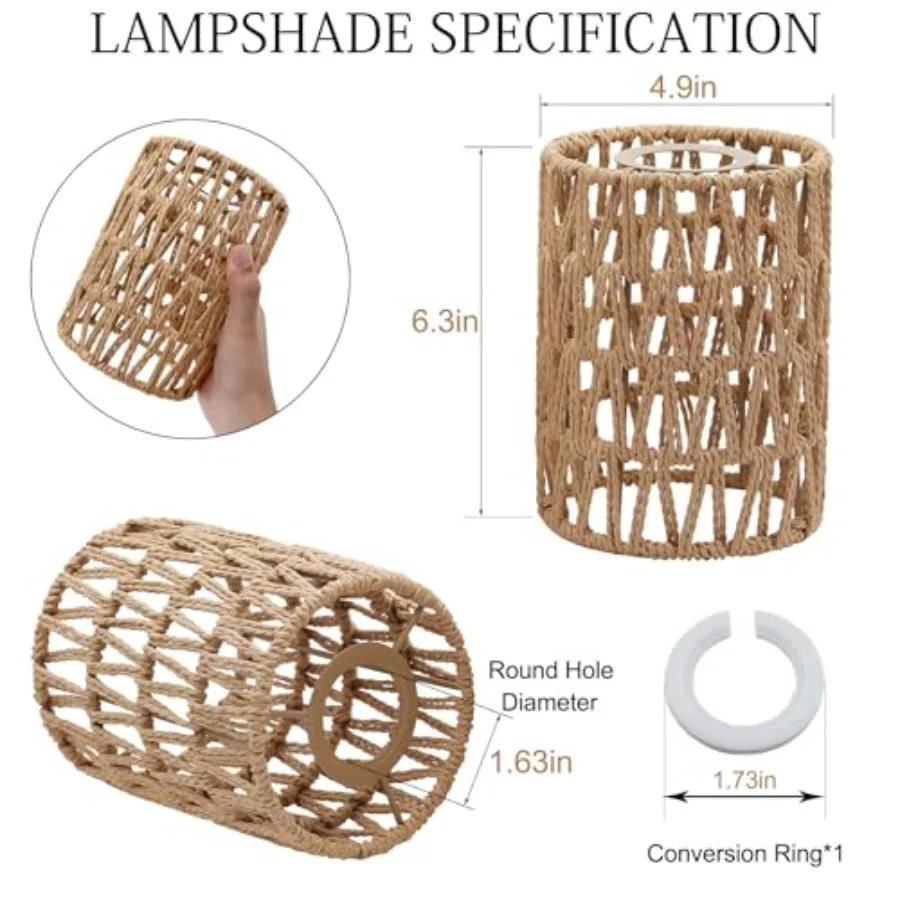 1.63in Fitter Farmhouse Pendant Light Lamp Shade Cover for Chandelier, 1-Pack Boho Rattan Lamp Shades 6.3