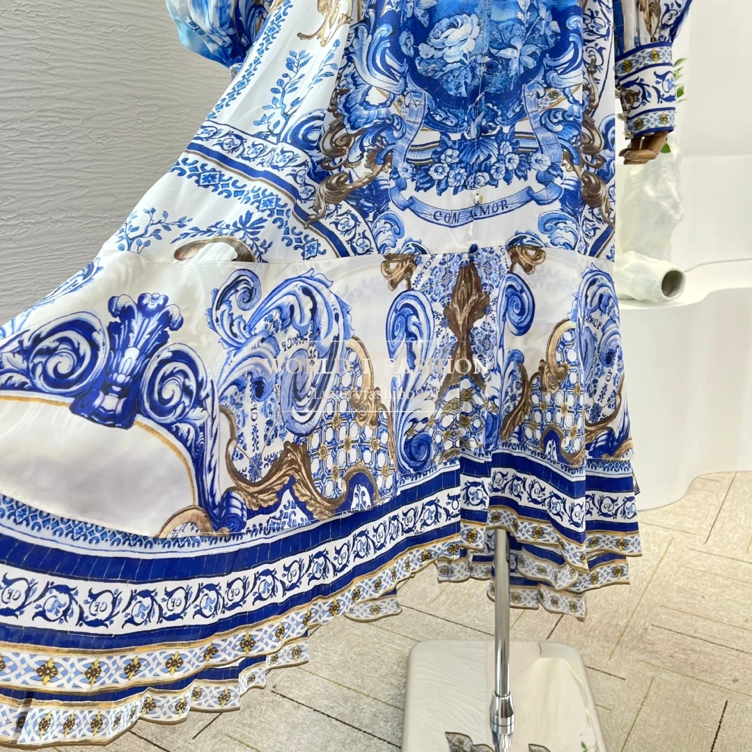 

Long Sleeve V Neck Midi Dress High Quality Blue Floral Print 2025 Silk