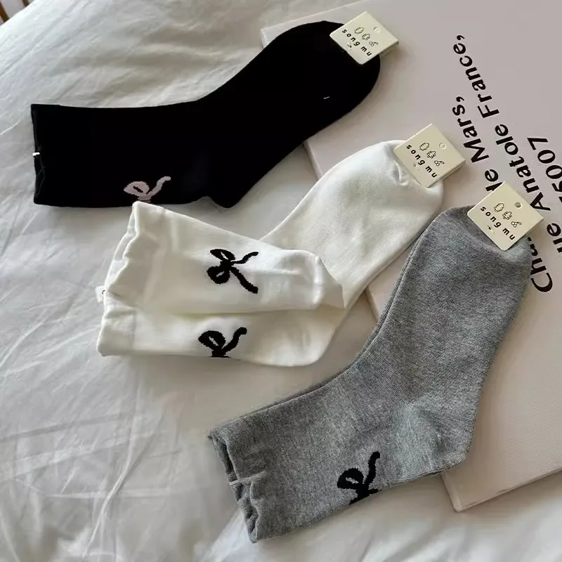 

3pair Sweet Lolita Cotton Bow Long Socks Women Girls Summer Hollow Out Sock Casual Crew Loose Sox Mid-tube Stockings Streetwears