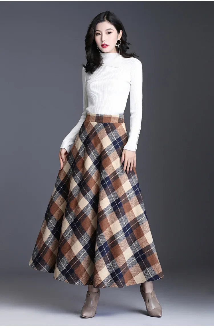 Damesmode Lente Herfst Winter Retro Plaid Elegante Wollen A-lijn Rok Middellange Hoge Taille Dames Lange Rok