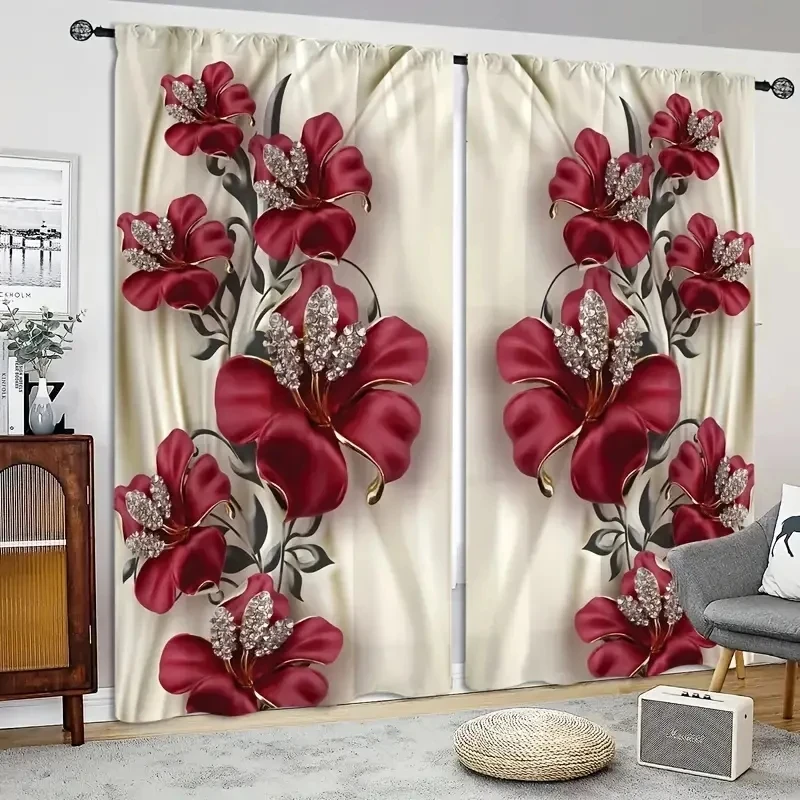 

2Pcs Luxury Home Decoration Curtains,Various Flowers With Pole Pocket Curtains,Suitable For Coffee Shop,Living Room,Study Home