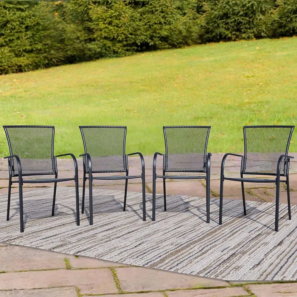 

Stackable Outdoor Metal Patio Chair Set of 4, Weather-Resistant Iron Mesh Dining Chairs with Armrests, Suitable for Bistro, Gard